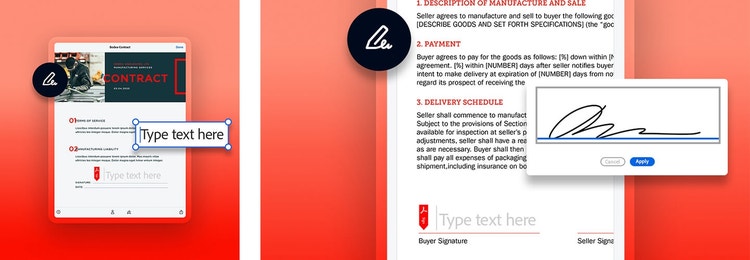 Graphic of a business contract on a tablet device next to a graphic of signing a business contract on a mobile device using Adobe Sign