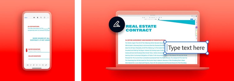 A graphic of a real estate contract on a mobile phone next to a graphic of a real estate contract on a laptop