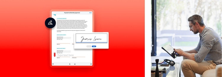 A graphic of a confidentiality agreement being signed using Adobe Sign next to a photo of a business owner using Adobe Sign on their tablet device