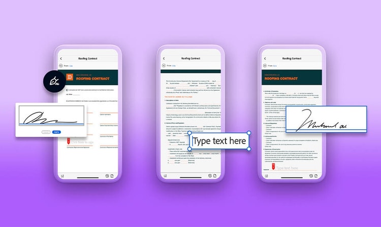 Image of three mobile phones side by side showing editing a PDF, signing a PDF, and adding text to a PDF