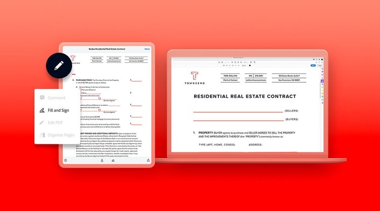 A graphic of signing a real estate contract on a tablet device and laptop with Adobe Sign