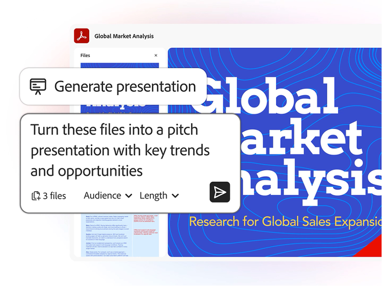 https://main--da-dc--adobecom.aem.page/dc-shared/fragments/modals/videos/acrobat/generative-ai-pdf/generate-a-presentation#generate-presentations | 세 개의 문서를 글로벌 시장 분석 슬라이드 쇼로 변환하는 ‘프레젠테이션 생성’ 기능이 표시된 인터페이스 이미지 | :play: