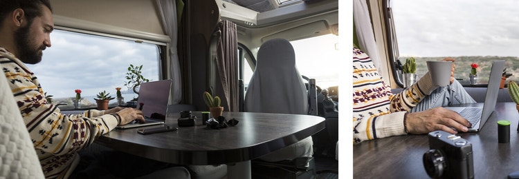 Two photos of a person working remotely at a table in their RV