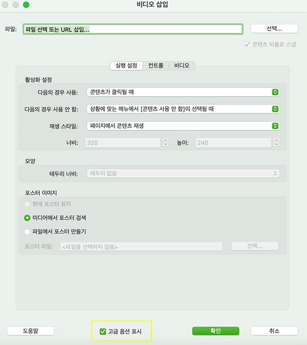 PDF 동영상 삽입 고급 옵션 표시