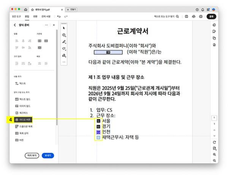 PDF 양식에 라디오 버튼 삽입하기
