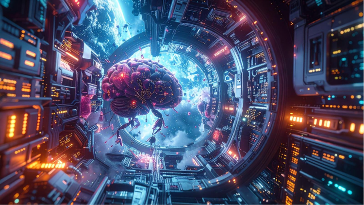 A sci-fi inspired image of a robotic brain working inside a spaceship made with generative AI.