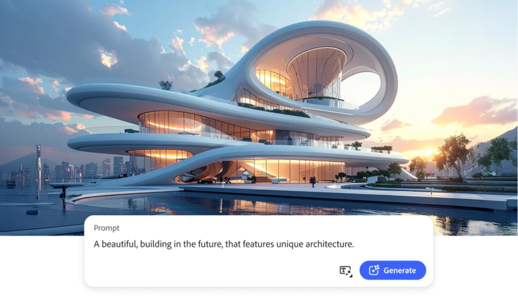 A futuristic building with sweeping curves generated with Firefly AI.
