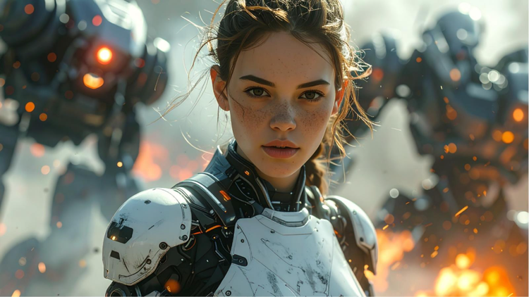 An image of a defiant woman in armor with robots and mechs fighting in the background created with generative AI prompts.