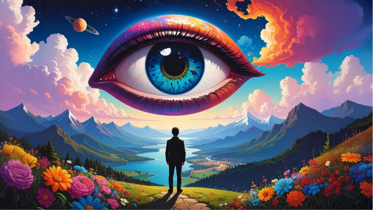 A colorful surreal illustration of a man standing on a cliff looking at an eye in the sky made with generative AI text-to-image prompts.