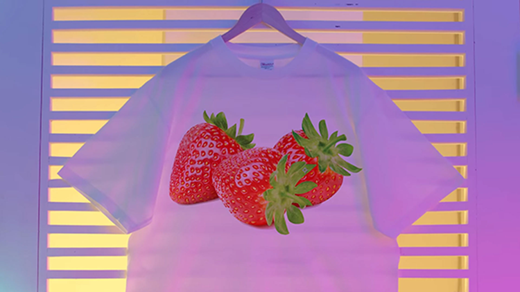 A t-shirt with strawberries on it Description automatically generated