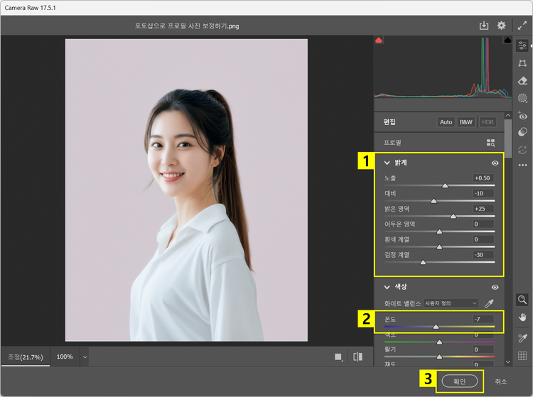 노출 및 색온도 조정하여 프로필 사진 보정