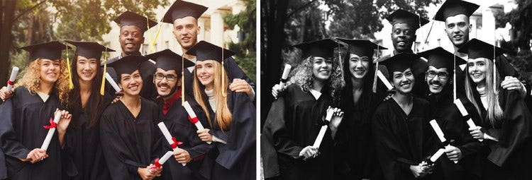 단체 졸업 사진 흑백 보정 전후 비교