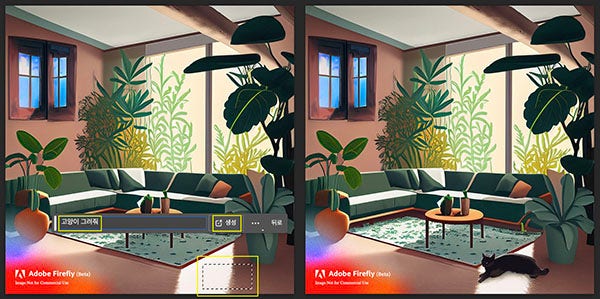 빈 공간에 새로운 오브제를 추가할 수도 있는데요. 그림 그려주는 AI가 주변을 인식해 자연스럽게 인공지능 그림을 그려줘요.