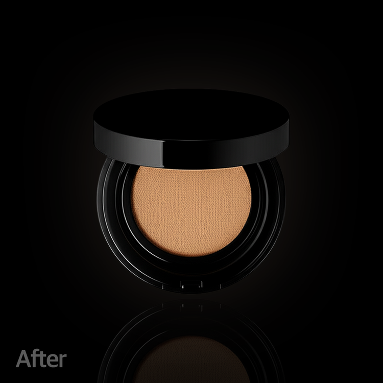 포토샵 외부 광선 효과를 추가한 쿠션팩트 이미지. 제품 중심으로 은은한 빛이 퍼져 고급스러운 분위기가 연출됨