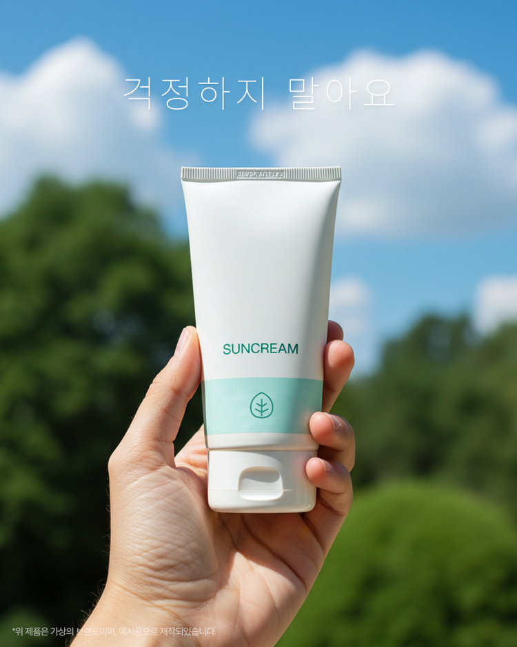 ‘걱정하지 말아요’라는 문구와 함께, 푸른 하늘 아래 선크림을 손에 든 이미지가 중심인 SNS 배너