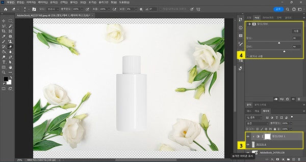 Alt 키를 누른채로 조정레이어와 아래의 개체 레이어 사이를 클릭하고 명도와 대비 조정하기