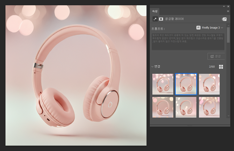 포토샵 생성형 채우기로 생성된 배경 중 하나를 선택한 화면. 다양한 스타일 제안 중 원하는 이미지를 골라 적용할 수 있음