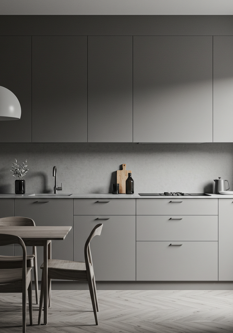 그레이 톤으로 통일된 주방과 식탁 공간, 깔끔하고 정돈된 느낌의 차분한 분위기