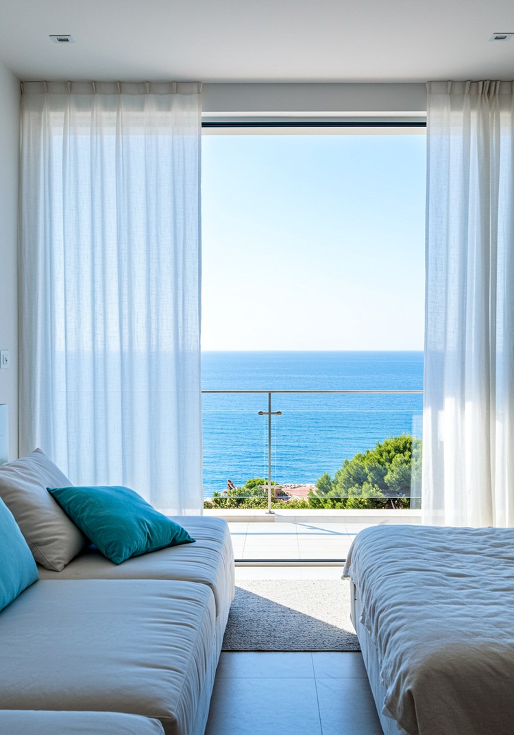 하늘색과 흰색 계열로 꾸며진 침실, 창 밖으로 푸른 바다 풍경이 보이는 시원하고 청량한 분위기