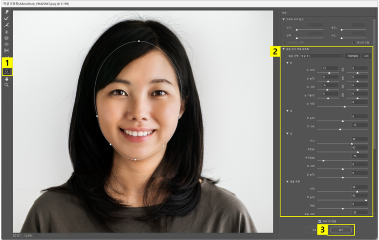 좌측 ‘도구’ 패널 > ‘얼굴 도구’ 클릭