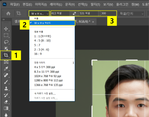 자르기 도구로 여권 사진 사이즈에 맞게 자르기