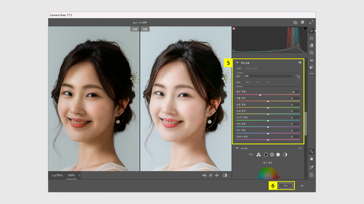 ‘색상 혼합’ 탭 : 특정 색상의 색조, 채도, 광도 조정