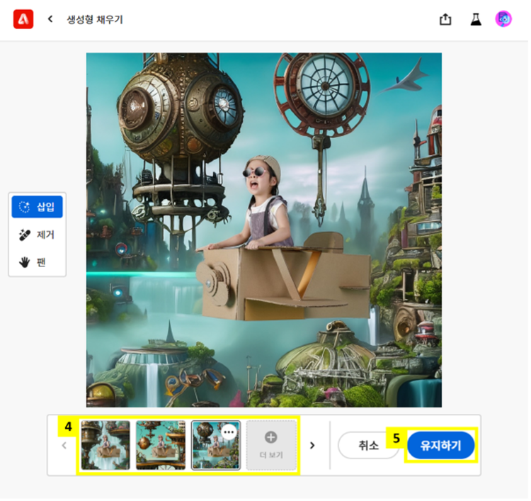 생성된 3종의 이미지 중 마음에 드는 버전 선택 > 더 많은 이미지를 보고 싶을 경우 ‘더 보기’ 클릭하여 추가 생성