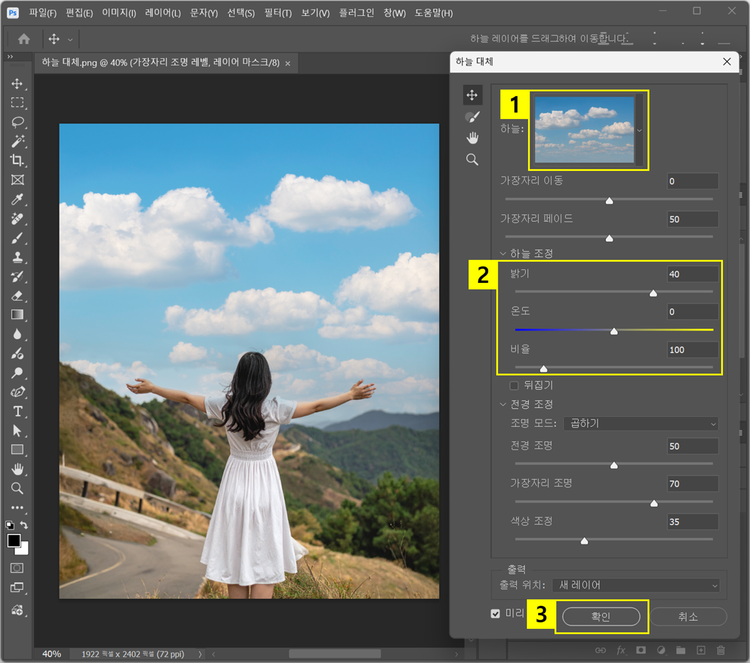 대체할 하늘 선택하고 조정하기