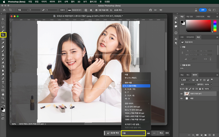 자르기 도구로 생셩형 확장 비율 정하기