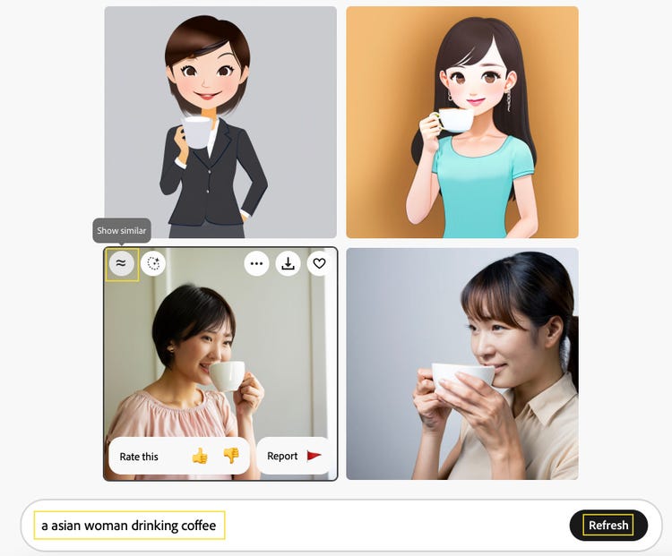 어도비 파이어플라이로 커피 마시는 아시안 여성이 포함된 AI 여자 그림 실사 이미지 만들기