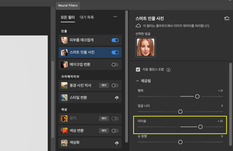 스마트 필터의 머리숱 슬라이더 조절하기