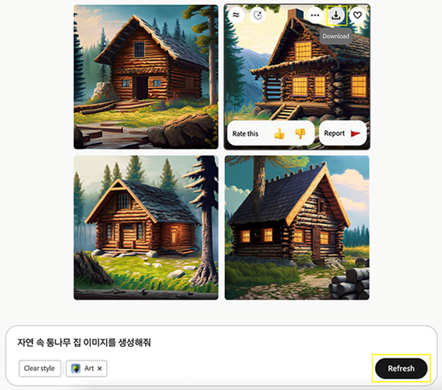 생성한 이미지 다운로드하기(자연 속 통나무 집 이미지)