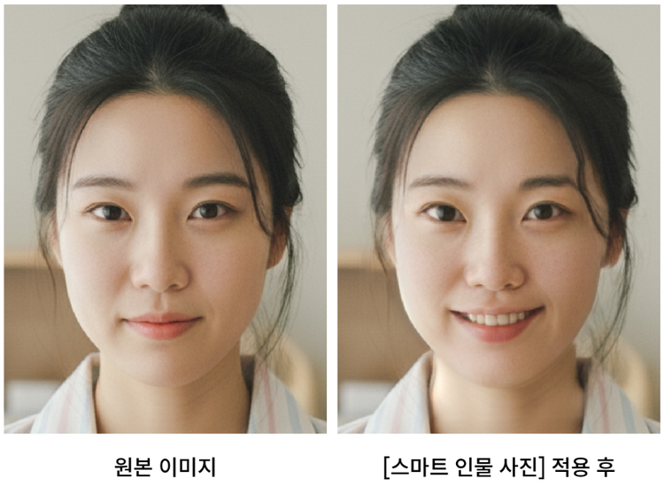 뉴럴 필터 스마트 인물 사진으로 미소 보정한 후