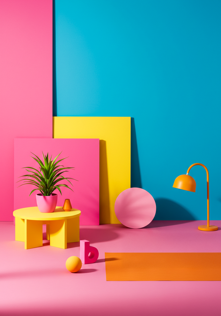 선명한 핑크, 노랑, 파랑 색상이 조화된 오브제와 인테리어 소품이 배치된 생동감 넘치는 분위기