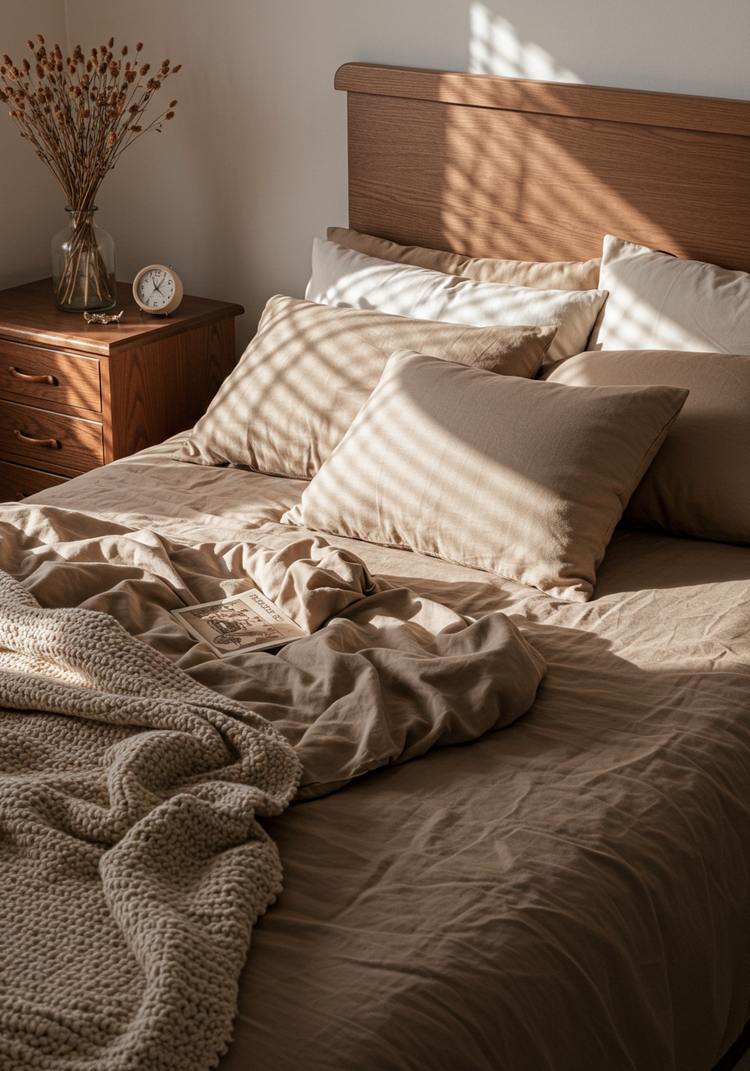 따뜻한 브라운 톤으로 꾸며진 침실 인테리어, 부드러운 채광과 함께 포근한 느낌을 강조한 분위기