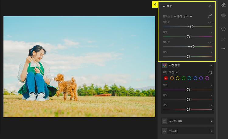 색상 패널에서 색온도 조정하기