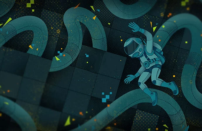 미래 환경의 카툰 우주 비행사