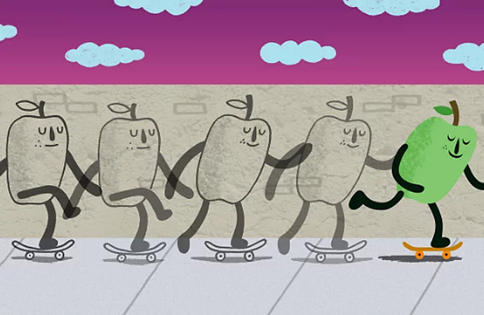 스케이트보드를 타는 카툰 사과