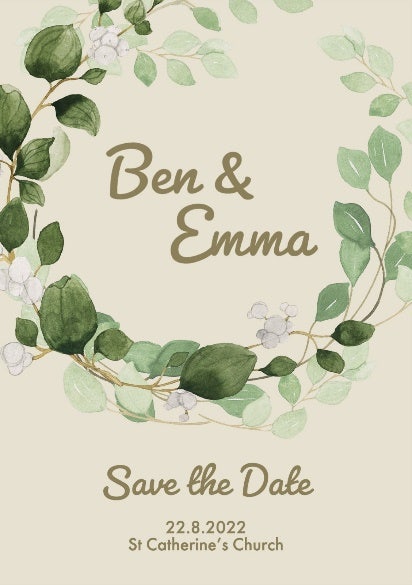 Beige & Green Painted Wreath Wedding A5 Invitation