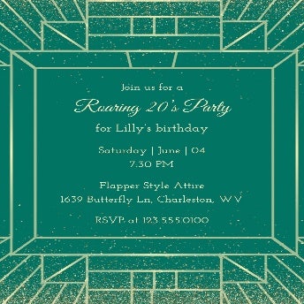 Green Gold Art Deco Roaring 20s Party Invite