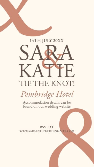 Cover of a wedding invitation video with a pink background, featuring the names, the date and the website to confirm assistance.