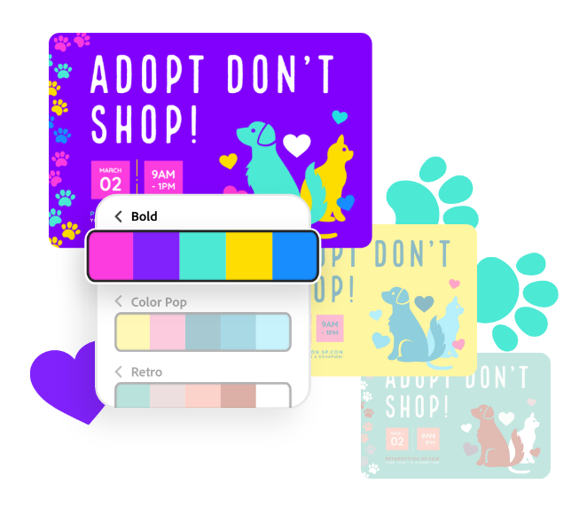 이제 공통 색상 테마를 기반으로 한 새로운 그룹으로 새로운 색상 팔레트를 더욱 쉽게 찾을 수 있습니다. Adobe Color에서 생성된 과감한, 파스텔, 복고풍과 같은 카테고리를 사용하면 더욱 빠르게 시작할 수 있습니다.