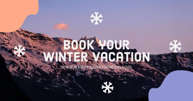 Winter Vacation Facebook Advert with Mountains and Snowflakes