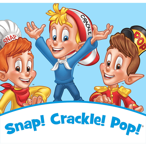 Three smiling cartoon elves standing above the Rice Krispies slogan