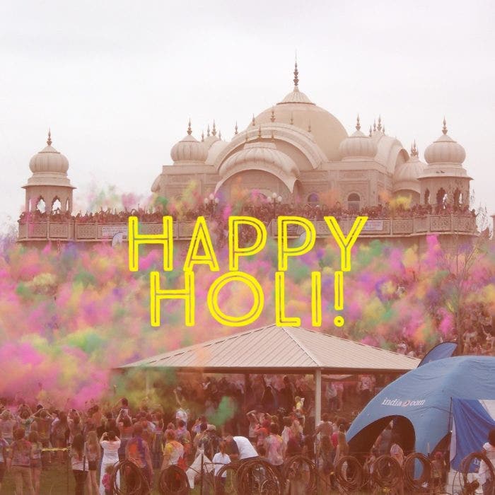 Colorful scene from the Holi festival featuring the text
