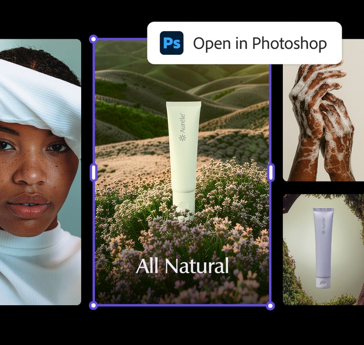 꽃이 만발한 초원의 천연 스킨케어 제품과 디자인 옵션 및 Photoshop 통합 기능을 보여주는 AI 기반 이미지 편집 콘셉트