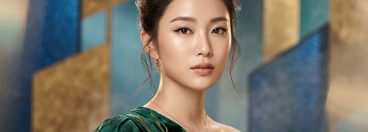 스타일화된 기하학적 배경에서 원숄더 드레스를 입고 흐트러진 번 헤어스타일을 한 젊은 여성의 AI 생성 초상화