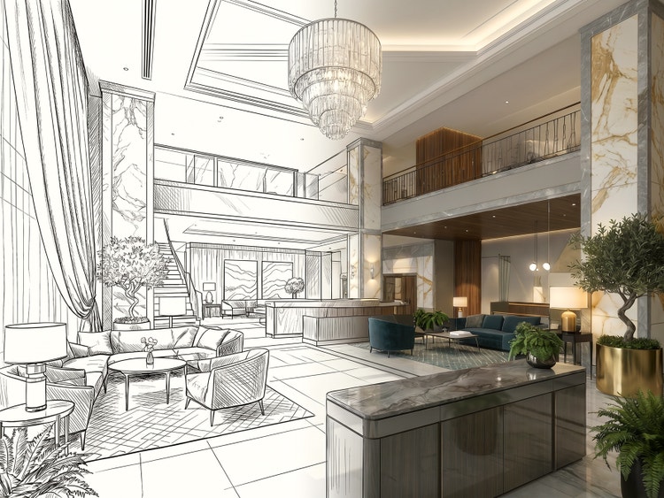 대리석 기둥, 라운지 좌석, 녹지 공간, 샹들리에가 있는 웅장하고 채광이 풍부한 로비의 완성도 높은 인테리어 렌더링으로 전환되는 건축 스케치.