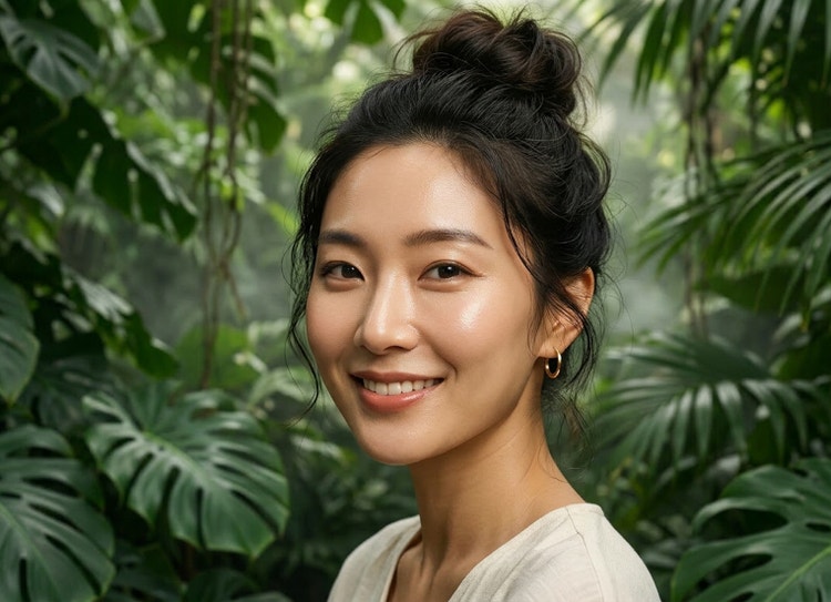 정글을 배경으로 흐트러진 번 헤어스타일을 한 젊은 여성의 어깨 위를 담은 클로즈업 AI 생성 초상화