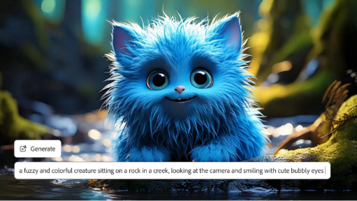 Still of 3D animated fluffy cat in magical forest showing text prompt overlay in AI animation generator